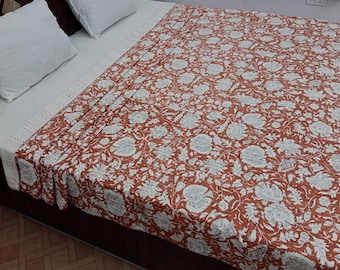 Terracotta Floral Kantha Quilt, Hand Block Print Cotton Bedspread