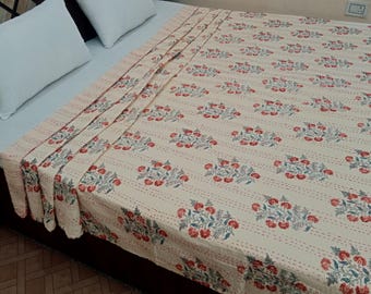 Handmade Kantha Bedcover Bedding Quilt, Hand Block Floral Design Lightweight Kantha Throw Quilt Block Print Floral Bedding Housewarming Gift