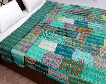 Patchwork Floral Kantha Bedding Floral Print Kantha Throw Queen Quilt Cotton Light Weight Winter Summer Vintage Blanket Bedding Bedspread