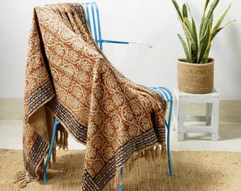 Premium Handmade Sofa Throw, Hand block Print Soft Cotton Blanket Room Décor Tassels Hand Loomed Lightweight Decorative Boho Bedding throw