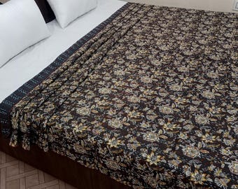 Handmade Kantha Bedcover Bedding Quilt Hand Block Floral Design Handblock Floral Print Kantha Throw Quilt Light Weight Block print quilt