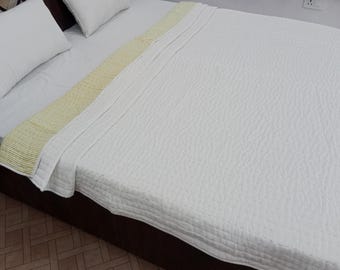 Reversible Organic Cotton Kantha Quilt, Handmade Indian Solid Quilt,Soft Winter Bedding,Queen Size Blanket, Eco-Friendly Cozy Throw for Home