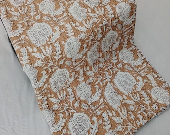 Hand Block Floral Cotton Kantha Quilt Bedspread – Light Weight Hand Stitched Throw