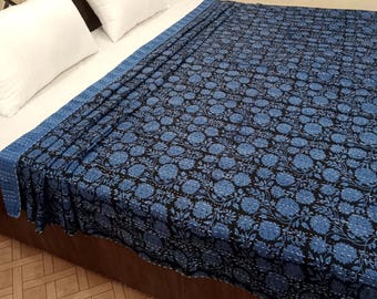 Handmade Kantha Bedcover Bedding Quilt Hand Block Floral Design Handblock Floral Print Kantha Throw Quilt Light Weight Block print quilt