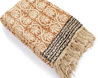 Premium Handmade Sofa Throw, Hand block Print Soft Cotton Blanket Room Décor Tassels Hand Loomed Lightweight Decorative Boho Bedding throw