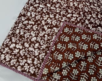 Reversible Organic Cotton Kantha Quilt, Handmade Indian Solid Quilt,Soft Winter Bedding,Queen Size Blanket, Eco-Friendly Cozy Throw for Home