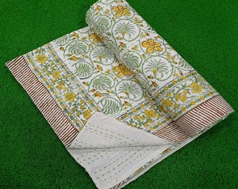 Indian Handmade Floral Kantha Quilt Bedspread Throw Cotton Blanket Gudari Queen floral Bedcover kantha quilt