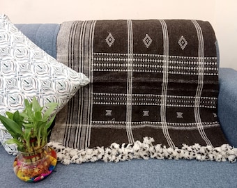 Premium Indian Wool Throw Soft Blanket Brown Woven Wool Designer Throw Handmade Handwoven Throw Cottage Living Room Décor Christmas Gift