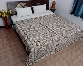 Handmade Bird Print Kantha Quilt - Indian Cotton Bedspread