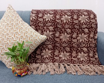 Premium Handmade Sofa Throw, Handblock Print Cotton Blanket, Lightweight Decorative Throw with Tassels, Hand Loomed for Sofa & Room Décor
