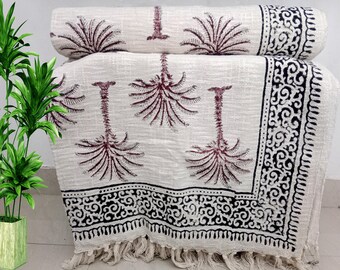 Premium Sofa Handmade Throw Hand block Print Soft Boho Cotton Throw Blanket Sofa Room Décor Tassels Hand Loomed Lightweight Decorative throw