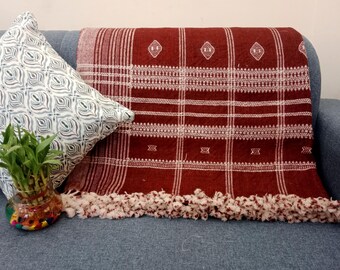 Premium Indian Wool Throw Blanket Brown Woven Designer Decorative Boho Bedding Throw Handmade Handwoven Sofa Throw Cottage Living Room Décor