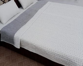 Reversible Organic Cotton Kantha Quilt, Handmade Indian Solid Quilt,Soft Winter Bedding,Queen Size Blanket, Eco-Friendly Cozy Throw for Home