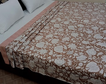 Handmade Kantha Bedcover Bedding Quilt Hand Block Floral Design Handblock Floral Print Kantha Throw Quilt Light Weight Block print quilt