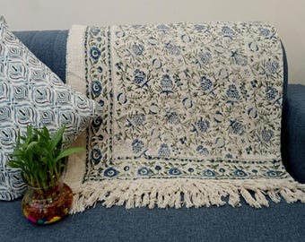 Premium Sofa Handmade Throw Hand block Print Throw Soft Boho Cotton Blanket Sofa Room Décor Tassels Hand Loomed Lightweight Decorative throw