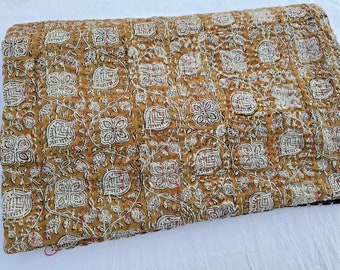 Indian Floral Kantha Bedding Hand Block Print Kantha Throw Queen Quilt Cotton Light Weight Quilt Summer Winter Blanket Bedspread kantha