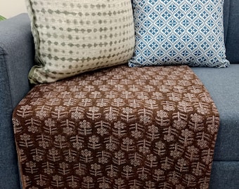 Premium Handmade Block Print Sofa Throw, Cotton Throw Blanket with Tassels, Hand Loomed Lightweight Woven Decorative Throw Sofa Room Decor