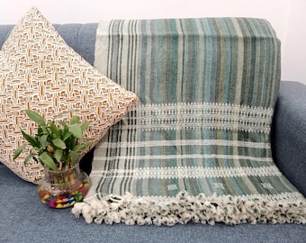 Indian Wool Throw Blanket, Handwoven Sofa Bobo Throw Designer Decorative Blanket for Living Room, Cottage Décor Gift For Home Decor