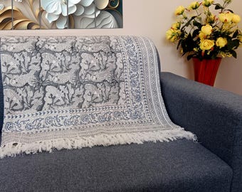 Handmade Sofa Throw block print Throw Cotton Throw Blanket Sofa Room Decor Tassels Hand Loomed Lightweight Woven Decorative Throw