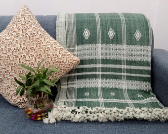 Handwoven Indian Wool Throw Blanket, Geometric Stripes, Cottage Decor