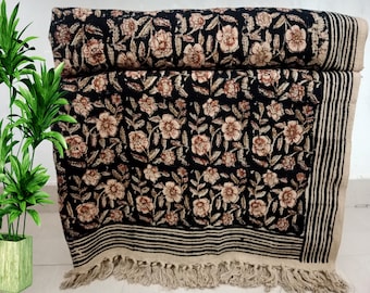 Premium Sofa Room Décor Throw Hand block Print Cotton Boho Blanket Tassels Hand Loomed Lightweight Decorative Throw, Eco Friendly Blankets