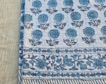 Luxury Valentine's Day Gift Indian Floral Kantha, Hand Block Royal Print Bedding, Vintage Cotton Queen Blanket, Lightweight Winter Kantha