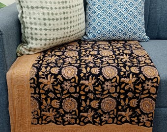 Block Print Cotton Throw Blanket | Tassel Accent Hand Loomed Lightweight Woven Decorative Throw for Sofa Room Decor | Valentine’s Day Gift