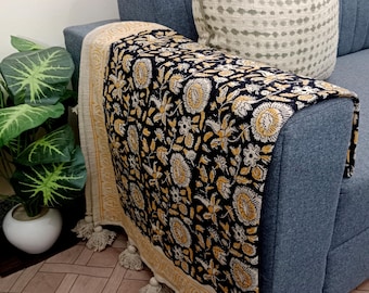 Luxury Block Print Soft Cotton Throw Blanket | Hand Loomed Lightweight Woven Decorative Throw for Sofa Room Decor | Valentine’s Day Gifts