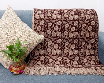 Premium Handmade Sofa Throw, Handblock Print Cotton Blanket, Lightweight Decorative Throw with Tassels, Hand Loomed for Sofa & Room Décor
