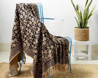 Hand Block Print Cotton Throw Blanket, Boho Sofa Decor with Tassels