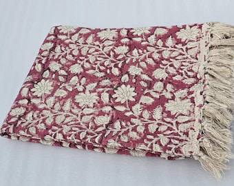 Antique Red Floral Hand Block Print Cotton Sofa Throw Soft Cotton Blanket Sofa Room Décor Tassels Hand Loomed Lightweight Throw