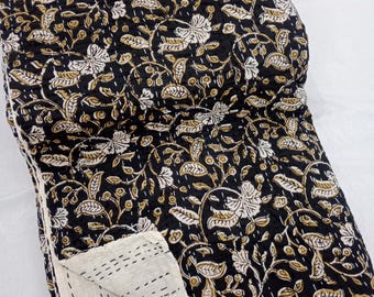 Floral Kantha Quilt Handmade Kantha Bedcover, Hand Block Floral Print Quilt Lightweight Kantha Throw, Pure Cotton Bedcover