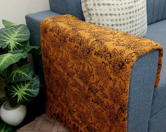 Luxury Valentine's Day Gift, Handmade Sofa Throw Block Print Cotton Blanket with Tassels, Hand Loomed Lightweight Woven Decorative Throw