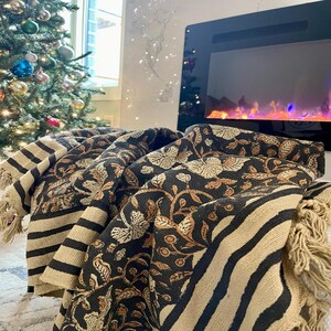 Handblockdruck Baumwolle Decke, Boho Sofa Dekor mit Quasten