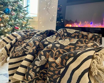 Hand Block Print Cotton Throw Blanket, Boho Sofa Decor with Tassels