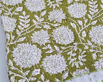 Premium Handmade Kantha Bedcover, Hand Block Floral Print Quilt Lightweight Kantha Throw, Pure Cotton Bedcover, Housewarming Gift