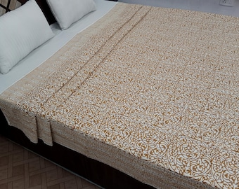 Floral Kantha Quilt Handmade Kantha Bedcover, Hand Block Floral Print Quilt Lightweight Kantha Throw, Pure Cotton Bedcover