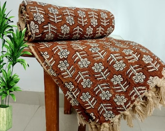 Premium Sofa Throw, Hand block Print Throw, Soft Cotton Boho Throw Blanket Sofa Room Décor Tassels Hand Loomed Lightweight Decorative throw
