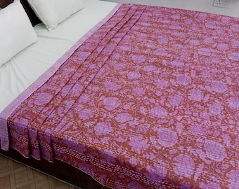 Kantha Bedcover Bedding Quilt Hand Block Floral Design Handblock Floral Print Kantha Throw Quilt Light Weight Block Print Quilted