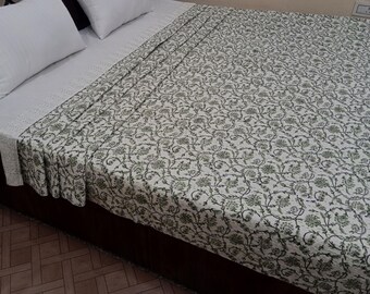 Luxury Handmade Kantha Bedcover - Hand Block Floral Print Quilt, Lightweight Cotton Bedding, Vintage Kantha Throw, Boho Block Print Quilt