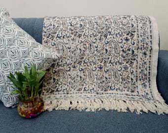 Premium Sofa Handmade Throw Hand block Print Throw Soft Boho Cotton Blanket Sofa Room Décor Tassels Hand Loomed Lightweight Decorative throw
