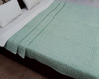 Reversible Organic Cotton Kantha Quilt, Handmade Indian Solid Quilt,Soft Winter Bedding,Queen Size Blanket, Eco-Friendly Cozy Throw for Home