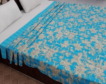 Floral Kantha Quilt Handmade Kantha Bedcover, Hand Block Floral Print Quilt Lightweight Kantha Throw, Pure Cotton Bedcover