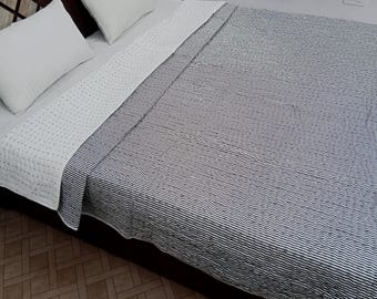 Reversible Organic Cotton Kantha Quilt, Handmade Indian Solid Quilt,Soft Winter Bedding,Queen Size Blanket, Eco-Friendly Cozy Throw for Home