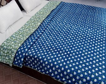 Reversible Organic Cotton Kantha Quilt, Handmade Indian Solid Quilt,Soft Winter Bedding,Queen Size Blanket, Eco-Friendly Cozy Throw for Home