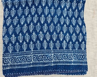 Indigo Quilt Floral Kantha Quilt - Hand Block Quilt Print Cotton Bedding