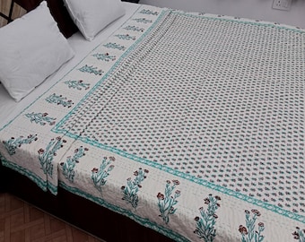 Handmade Kantha Bedcover Bedding Quilt Hand Block Floral Design Handblock Floral Print Kantha Throw Quilt Light Weight Block print quilt
