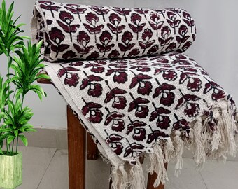 Handmade Sofa Throw Hand Block Print Cotton Blanket Lightweight Boho Bedding Throw Tassels | Hand Loomed Room Décor | Valentine’s Day Gift