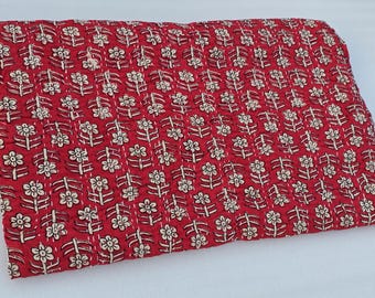 Red Floral Kantha Quilt Handmade Kantha Bedcover, Hand Block Red Floral Print Quilt Lightweight Kantha Throw, Pure Cotton Bedcover