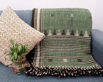 Handwoven Indian Wool Throw Blanket, Geometric Stripes, Cottage Decor